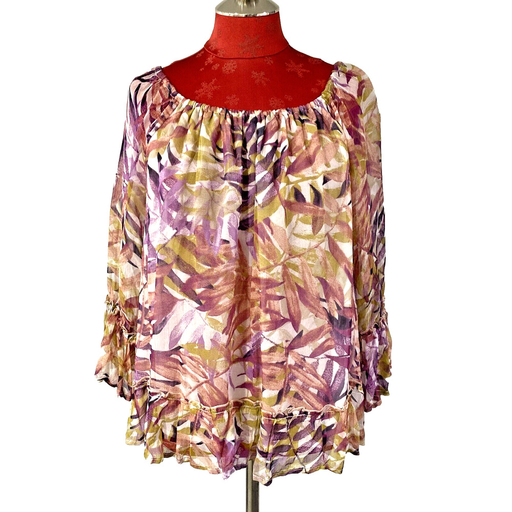 Lucky Brand Top XL Sheer Floral 3/4 Sleeve Peach Purple Peasant Blouse Ruffles